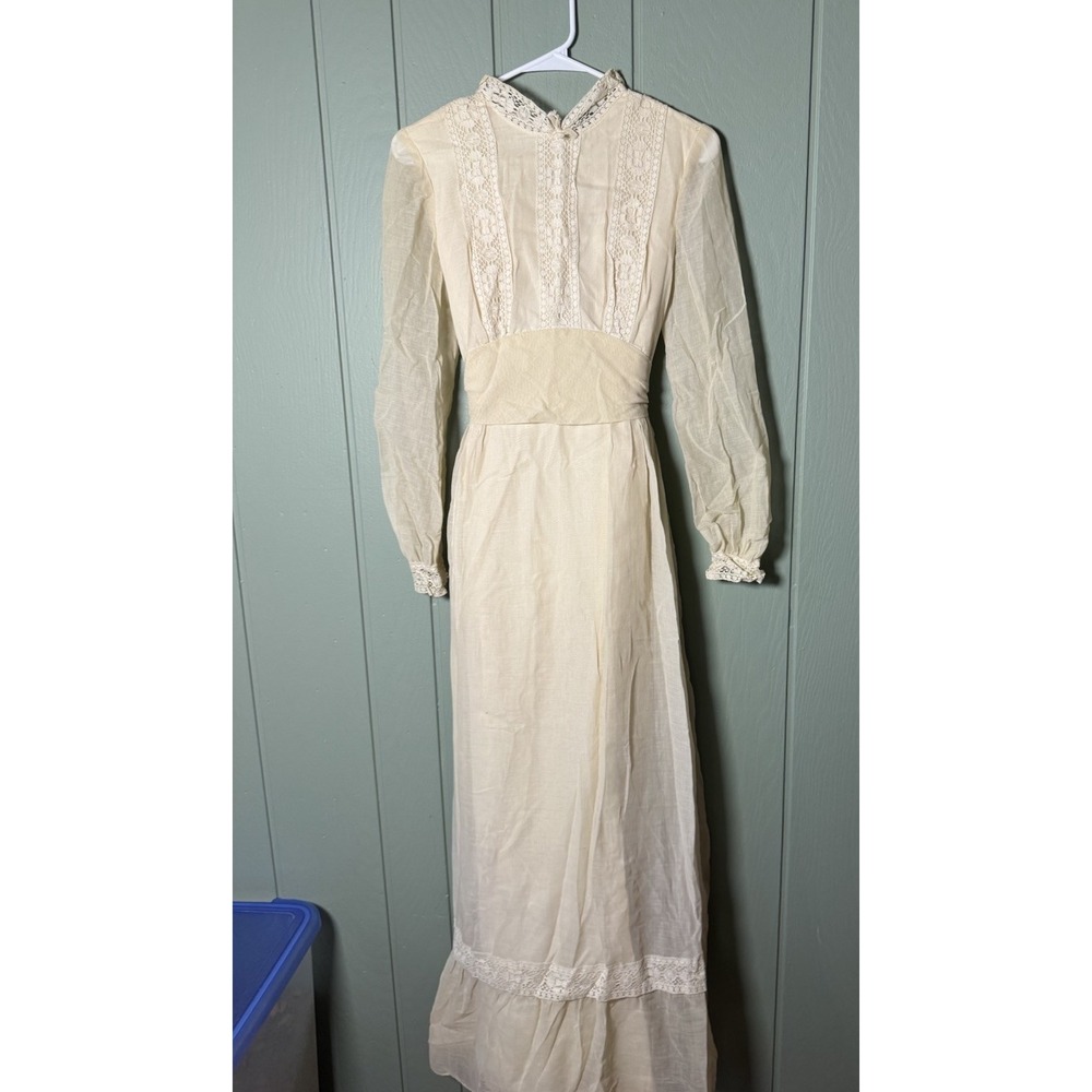 Vtg 1970s Prairie Dress Edwardian Revival Lace Gauze Cottagecore XS Maxi